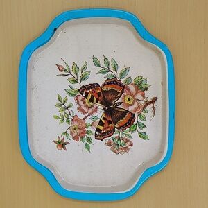 Butterfly on Tray vintage decor blue trim 7x6 painted serving tray home decor